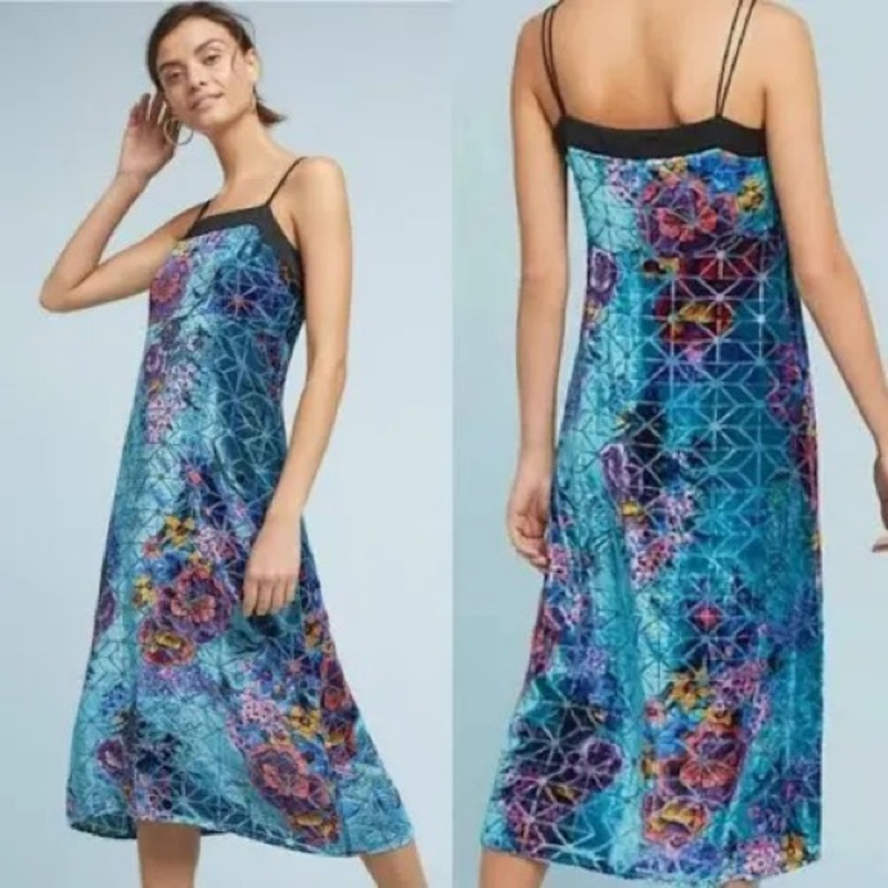 Anthropologie Moulinette Soeurs Blue Lange Velvet Slip Midi Dress Metallic